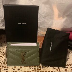 Saint Laurent Olive Green Quilted YSL Card Holder with Gold Logo